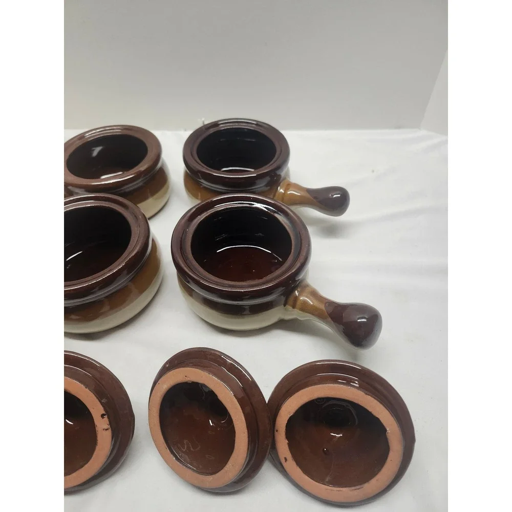 Vintage French Onion Soup Stoneware Crocks with Lids Brown Two Tone Set of 4